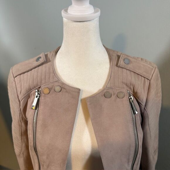 BCBG MaxAzria Cropped Goat Leather Moto Jacket Small Taupe Biker Y2K Streetwear - Picture 2 of 11